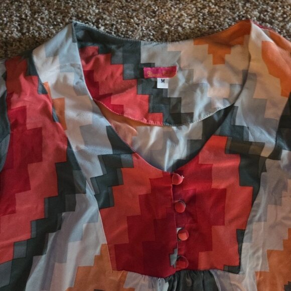 Size Medium Bianca Coletti Geometric Orange Blouse Top Pullover 3/4 Sleeve - Picture 4 of 5